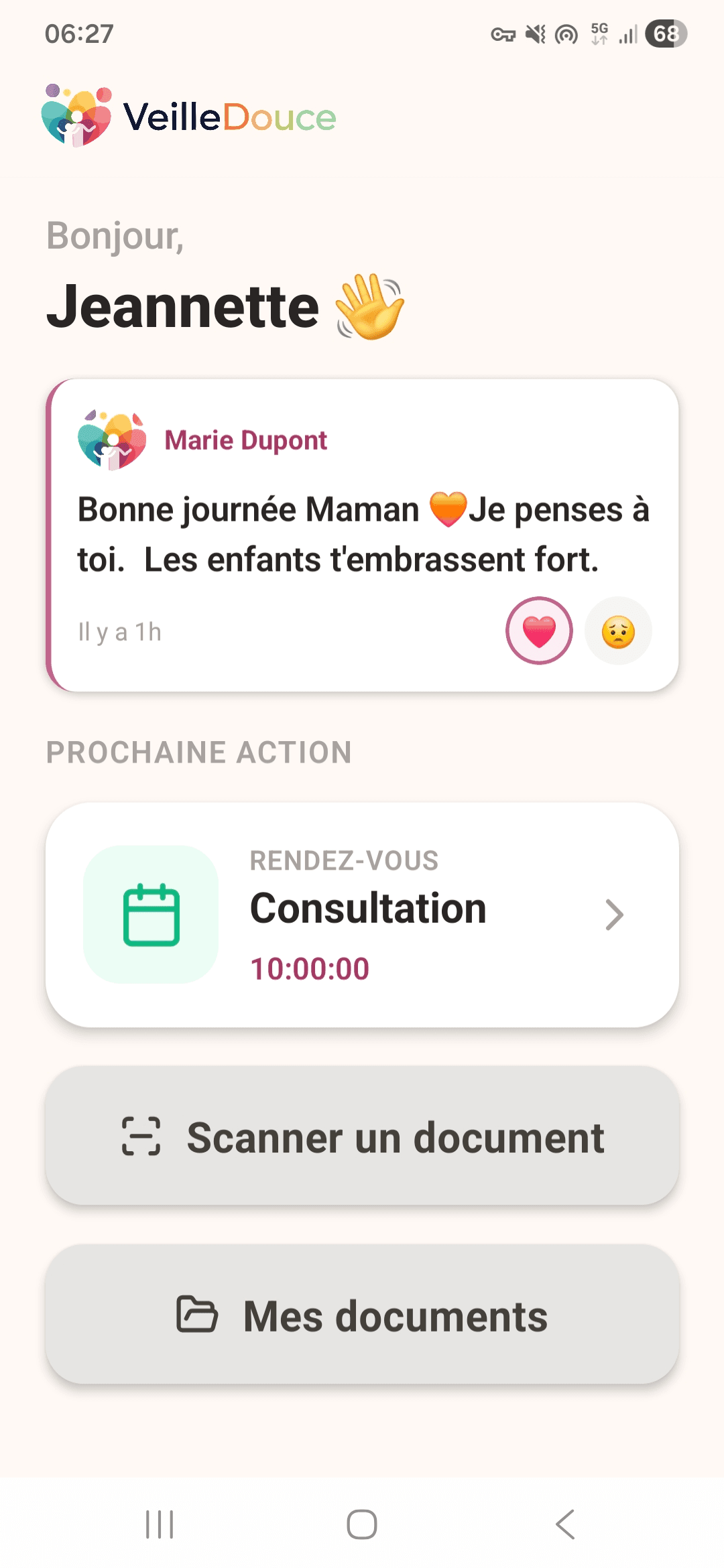 Aperçu de l'écran d'accueil VeilleDouce côté parent